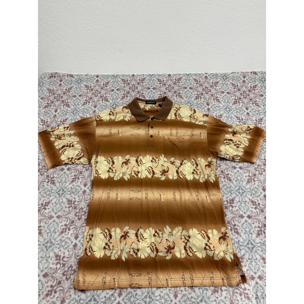 Aureus Mens XL Brown Floral Golf Print Cotton Short Sleeve Polo Shirt Pocket